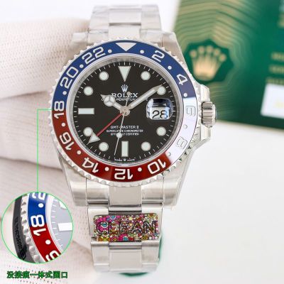 Clean Factory ROLEX 904L Steel Blue and Red Bezel Black Watch
